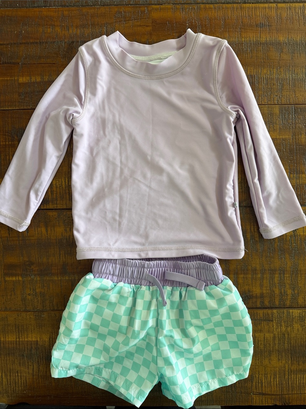 Caden Lane Lilac Rash Guard with Mint Checker Swim Trunks